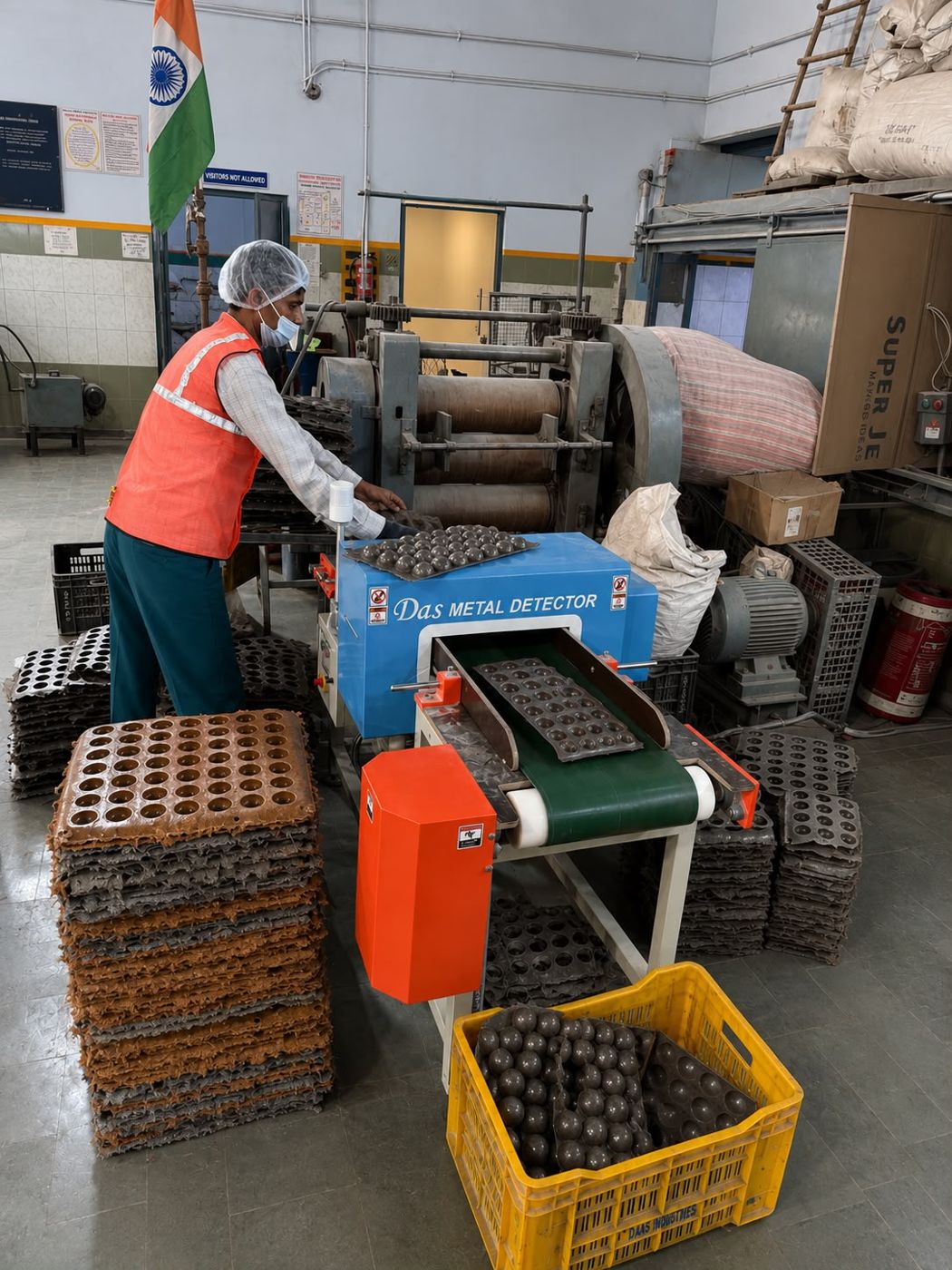 Operator feeding vulcanised cup sheets through a conveyor metal detector